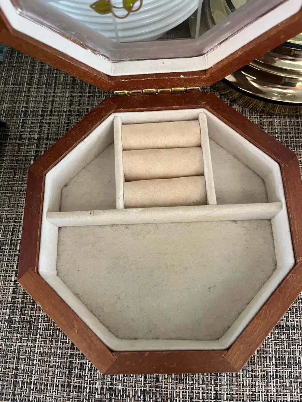 Vintage Octagonal Wooden Jewelry Box with Floral Glass Lid